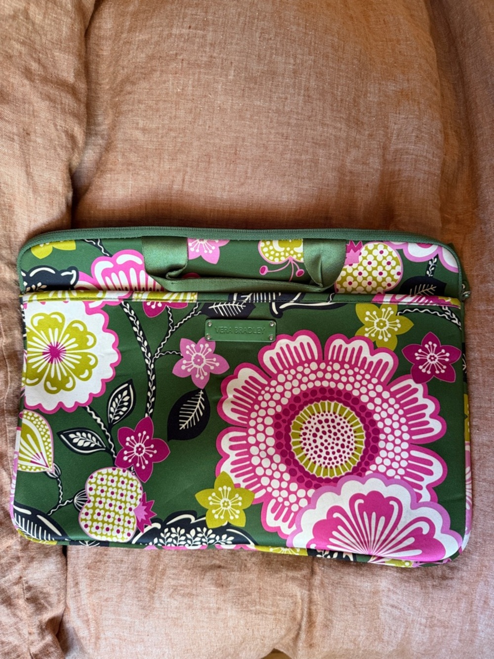 Vera Bradley Green Floral Laptop Sleeve with Pink Accents